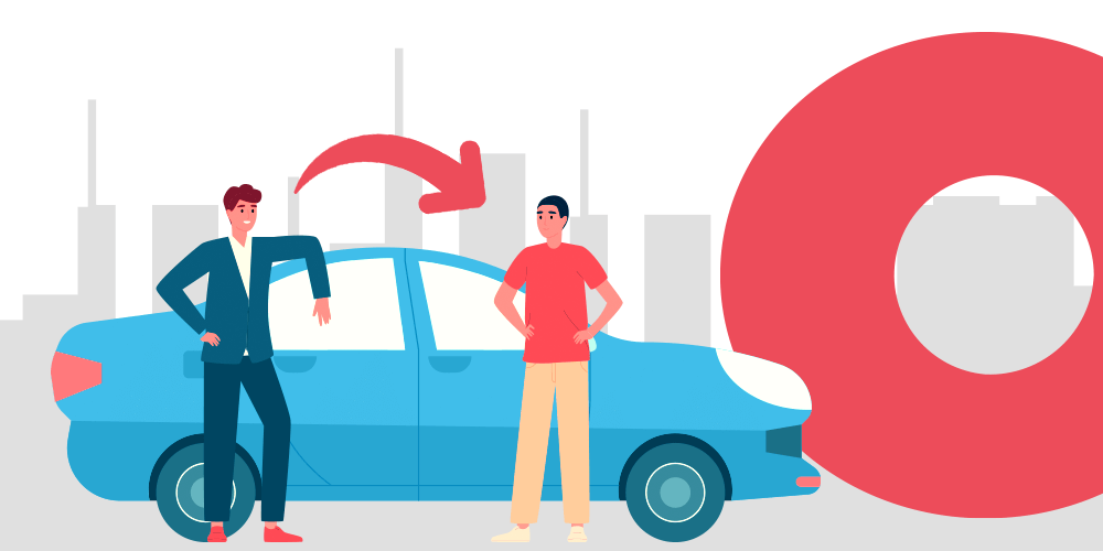 vetor de transferência de propriedade veicular | DOK DespachanteDescrição: dois homens encostado em um carro, um está com uma mão na cintura e outra apoiada no veículo, enquanto o outro está com as duas mãos na cintura; um homem sorri; em cima do carro, tem uma flecha que aponta de um homem para o outro.