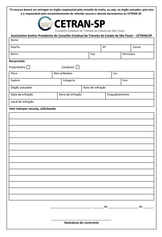 Modelo de formulário de recurso em segunda instância disponibilizado pelo CETRAN SP | DOK Despachante