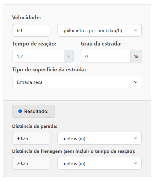 Captura de tela com os componentes da calculadora da distância de frenagem e deslocamento total | DOK Despachante